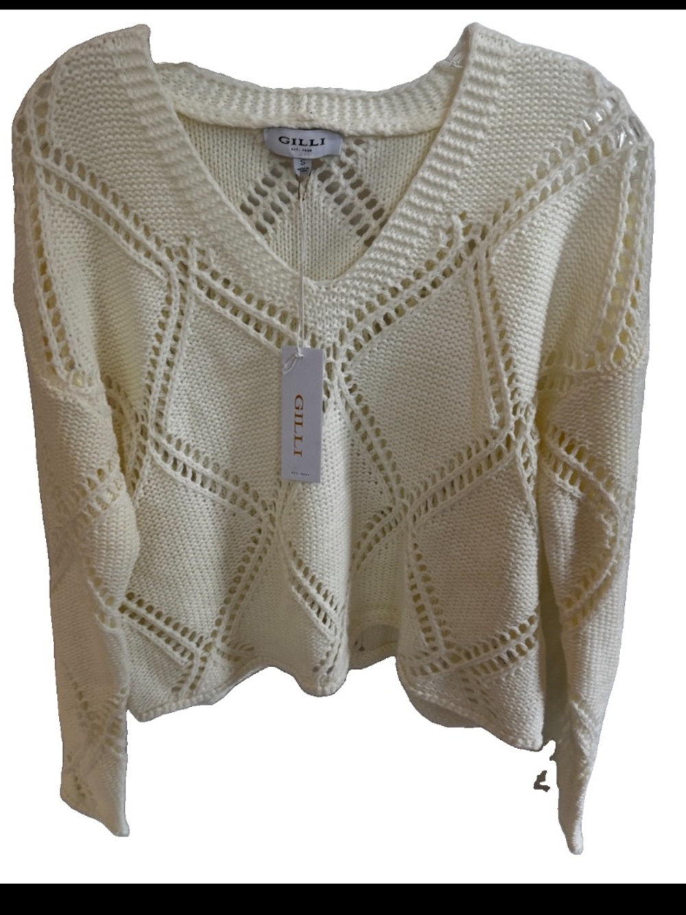 New Gilli Cream V- Neck Long Sleeve Open Knit Sweater Top Women’s Sz S